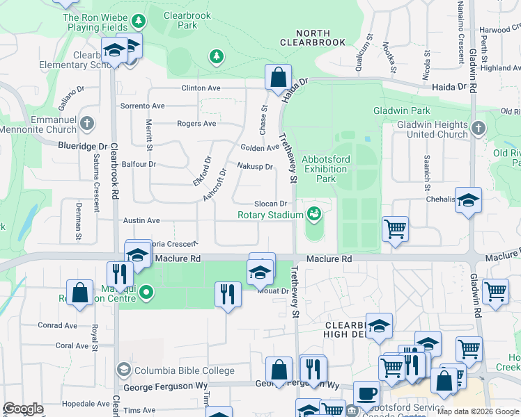 map of restaurants, bars, coffee shops, grocery stores, and more near 32328 Slocan Drive in Abbotsford