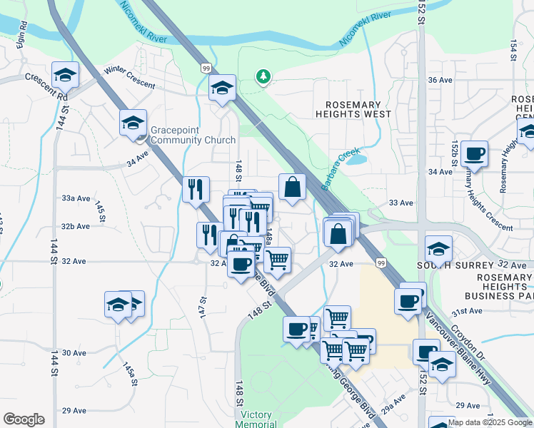 map of restaurants, bars, coffee shops, grocery stores, and more near 14877 33 Avenue in Surrey
