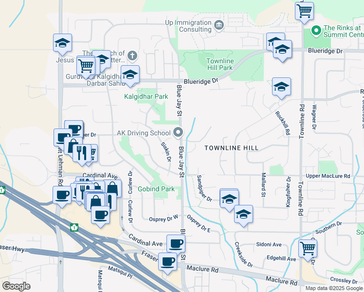 map of restaurants, bars, coffee shops, grocery stores, and more near 3318 Blue Jay Street in Abbotsford