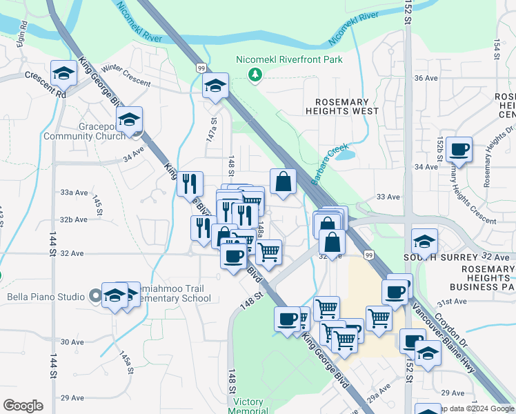 map of restaurants, bars, coffee shops, grocery stores, and more near in Surrey
