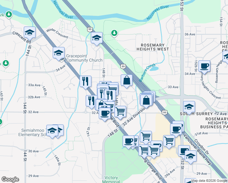 map of restaurants, bars, coffee shops, grocery stores, and more near in Surrey