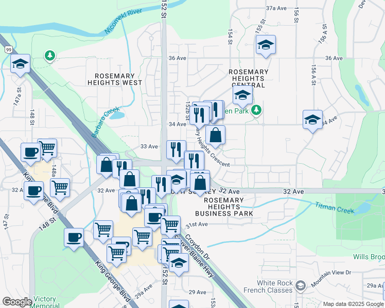 map of restaurants, bars, coffee shops, grocery stores, and more near 3363 Rosemary Heights Crescent in Surrey
