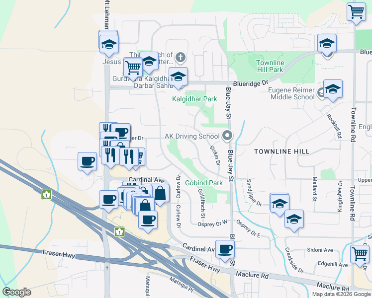map of restaurants, bars, coffee shops, grocery stores, and more near 3272 Quail Court in Abbotsford