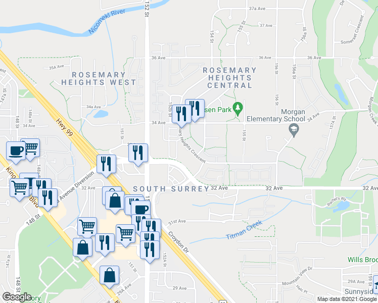 map of restaurants, bars, coffee shops, grocery stores, and more near 3307 Rosemary Heights Crescent in Surrey