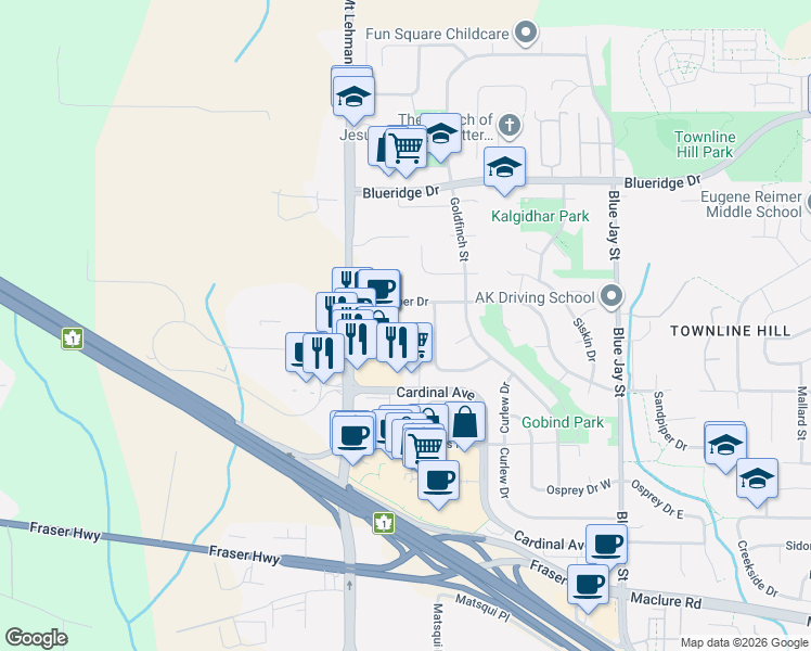 map of restaurants, bars, coffee shops, grocery stores, and more near 30515 Cardinal Avenue in Abbotsford