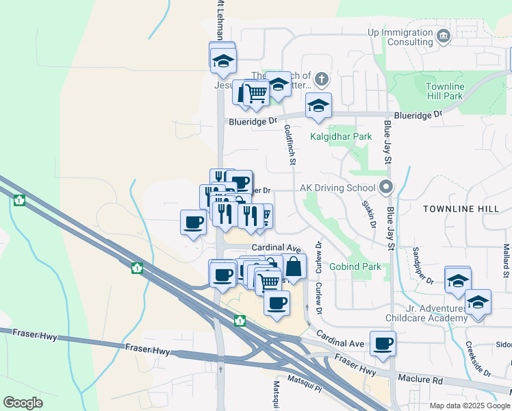 map of restaurants, bars, coffee shops, grocery stores, and more near 30515 Cardinal Avenue in Abbotsford