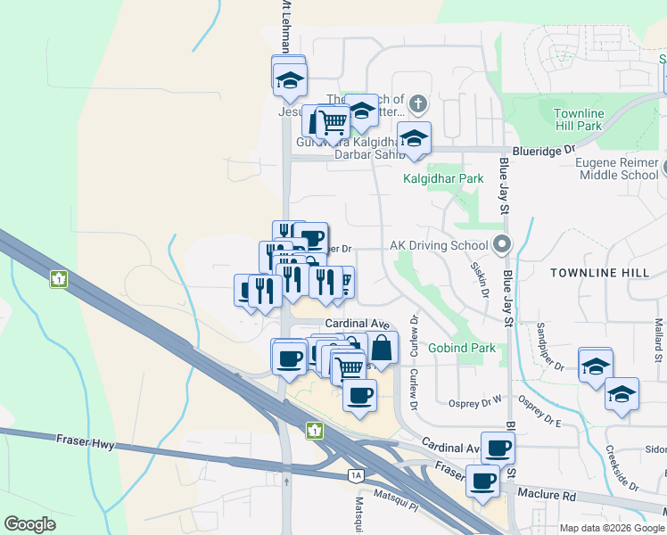 map of restaurants, bars, coffee shops, grocery stores, and more near 30515 Cardinal Avenue in Abbotsford