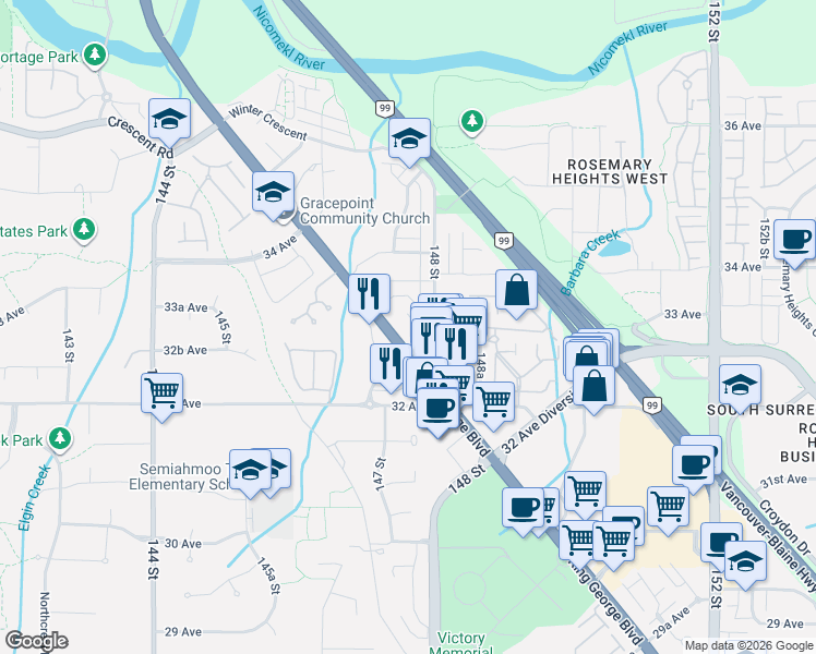map of restaurants, bars, coffee shops, grocery stores, and more near 3317 148 Street in Surrey