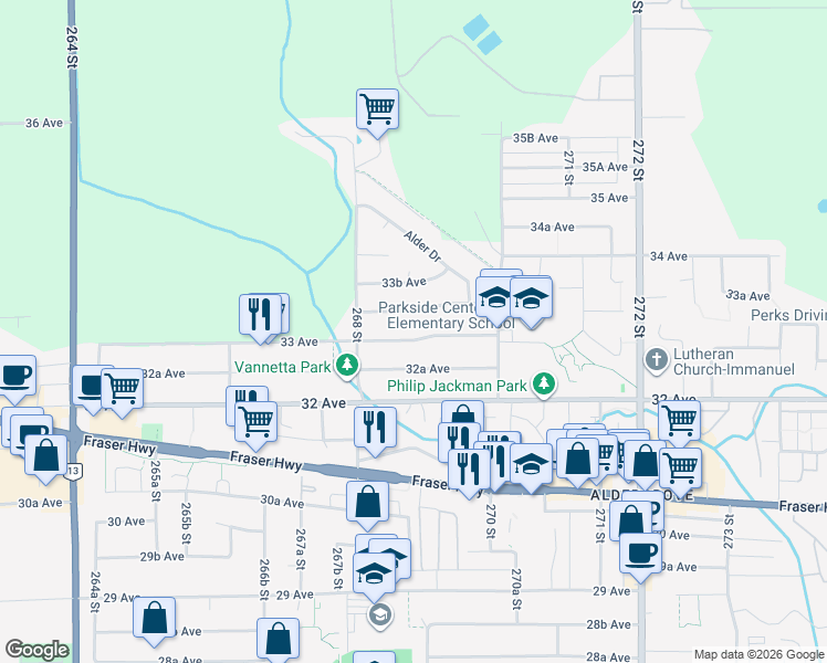 map of restaurants, bars, coffee shops, grocery stores, and more near 26877 33 Avenue in Langley Township