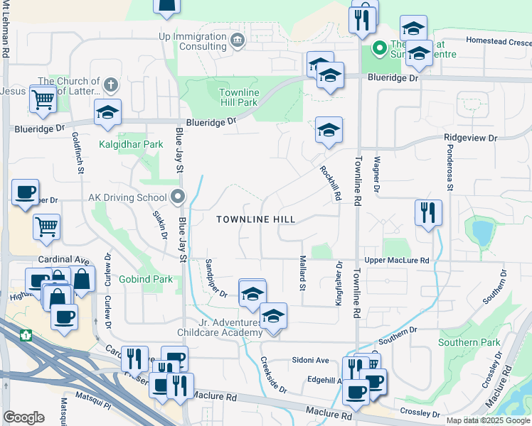 map of restaurants, bars, coffee shops, grocery stores, and more near 3302 Firhill Drive in Abbotsford
