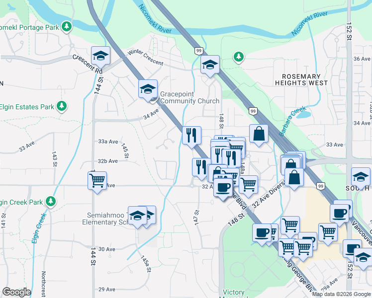 map of restaurants, bars, coffee shops, grocery stores, and more near 3323 147 Street in Surrey