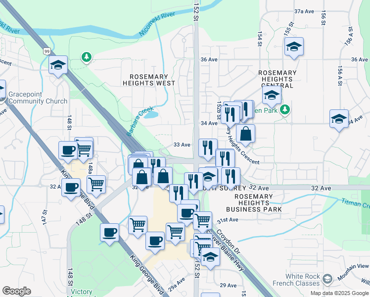 map of restaurants, bars, coffee shops, grocery stores, and more near in Surrey