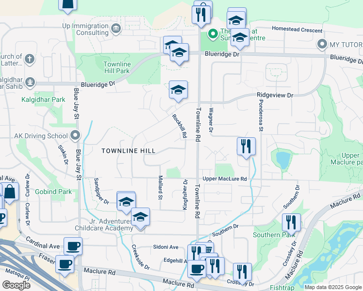map of restaurants, bars, coffee shops, grocery stores, and more near 3307 Rockhill Place in Abbotsford