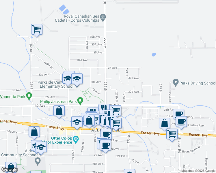map of restaurants, bars, coffee shops, grocery stores, and more near 3279 272A Street in Langley Township