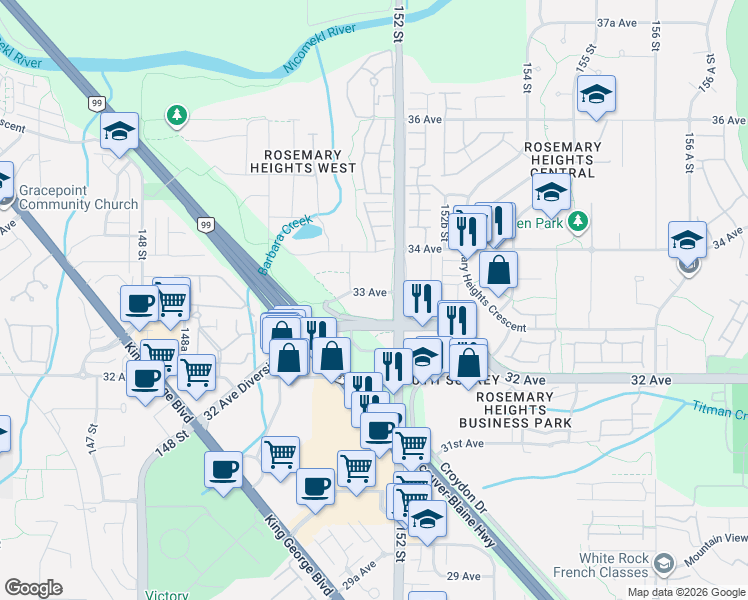 map of restaurants, bars, coffee shops, grocery stores, and more near 15168 33 Avenue in Surrey