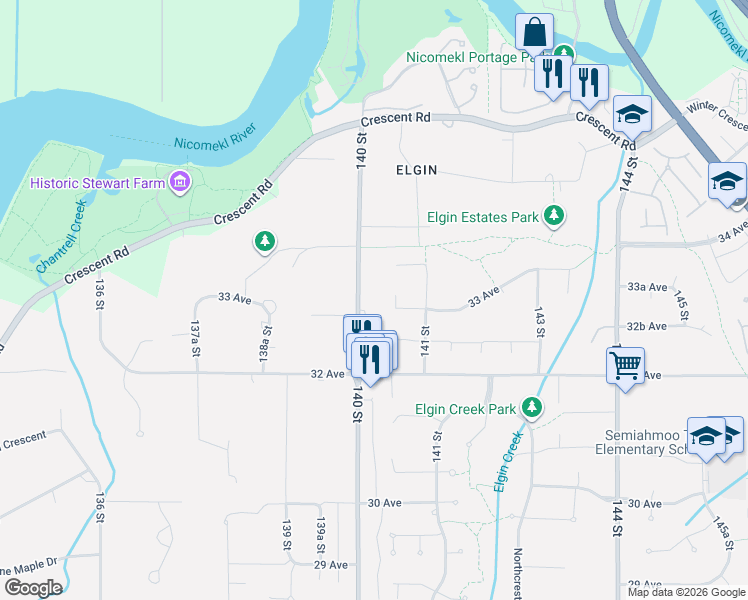 map of restaurants, bars, coffee shops, grocery stores, and more near 3316 140 Street in Surrey