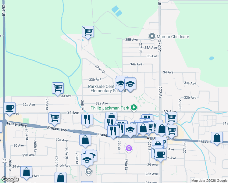 map of restaurants, bars, coffee shops, grocery stores, and more near 26959 33 Avenue in Langley Township