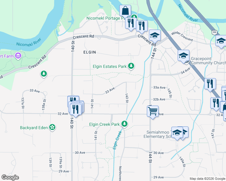 map of restaurants, bars, coffee shops, grocery stores, and more near 14208 33 Avenue in Surrey