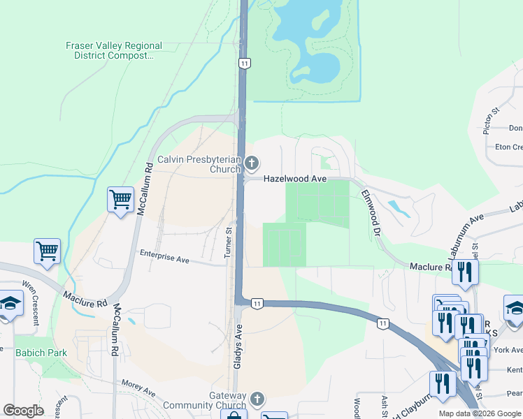 map of restaurants, bars, coffee shops, grocery stores, and more near 3320 Abbotsford-Mission Highway in Abbotsford