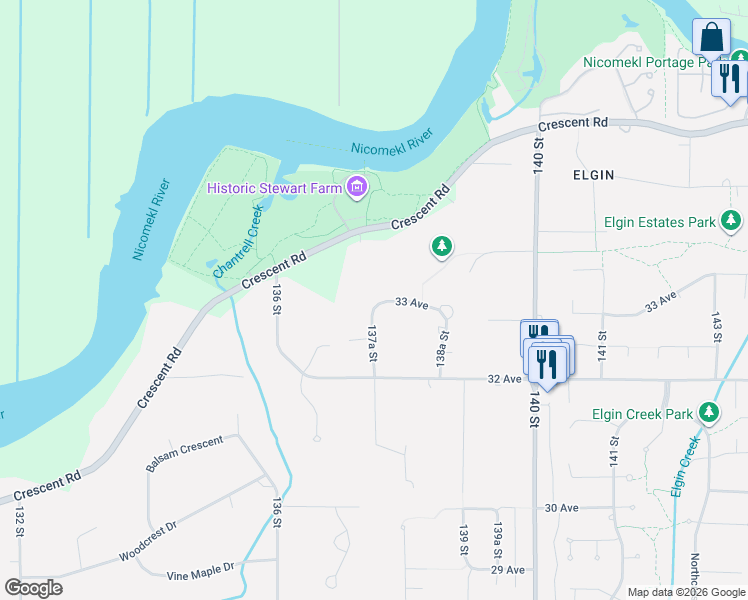 map of restaurants, bars, coffee shops, grocery stores, and more near 3299 137A Street in Surrey