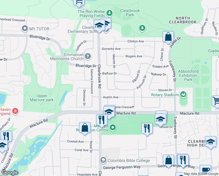 map of restaurants, bars, coffee shops, grocery stores, and more near 3332 Hedley Street in Abbotsford