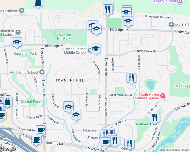 map of restaurants, bars, coffee shops, grocery stores, and more near 3323 Rockhill Place in Abbotsford