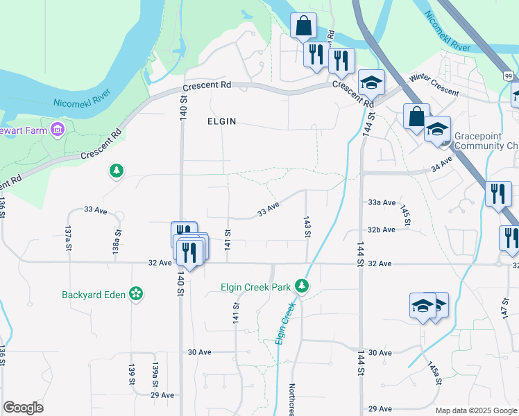 map of restaurants, bars, coffee shops, grocery stores, and more near 14177 33 Avenue in Surrey