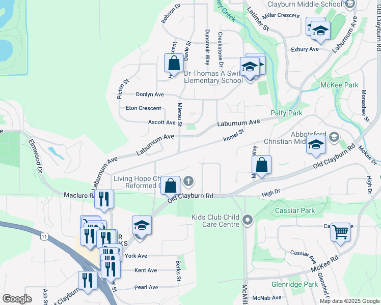 map of restaurants, bars, coffee shops, grocery stores, and more near 34630 Immel Street in Abbotsford