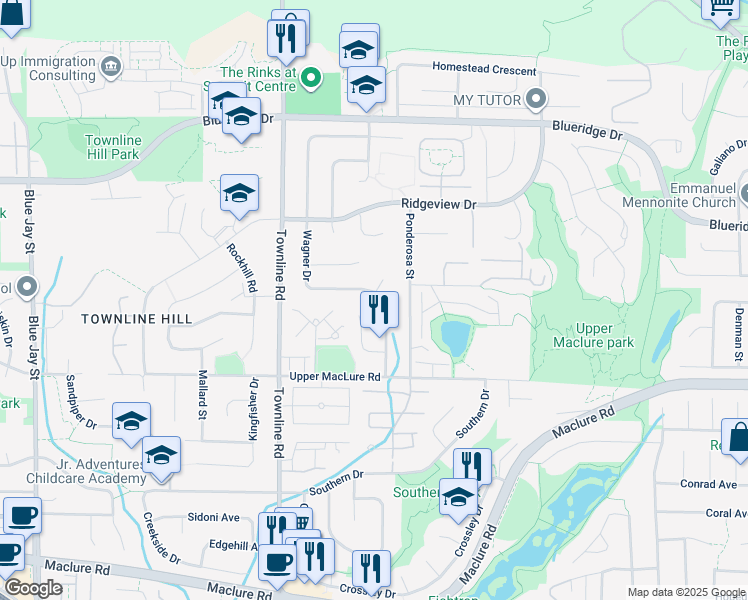 map of restaurants, bars, coffee shops, grocery stores, and more near 3327 Wagner Drive in Abbotsford