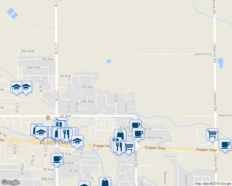 map of restaurants, bars, coffee shops, grocery stores, and more near 3319 275 Street in Langley