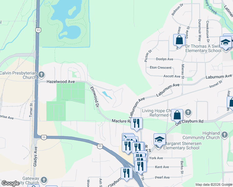 map of restaurants, bars, coffee shops, grocery stores, and more near 34250 Hazelwood Avenue in Abbotsford