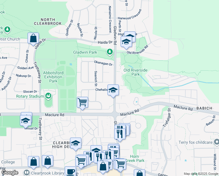 map of restaurants, bars, coffee shops, grocery stores, and more near 32773 Chehalis Drive in Abbotsford