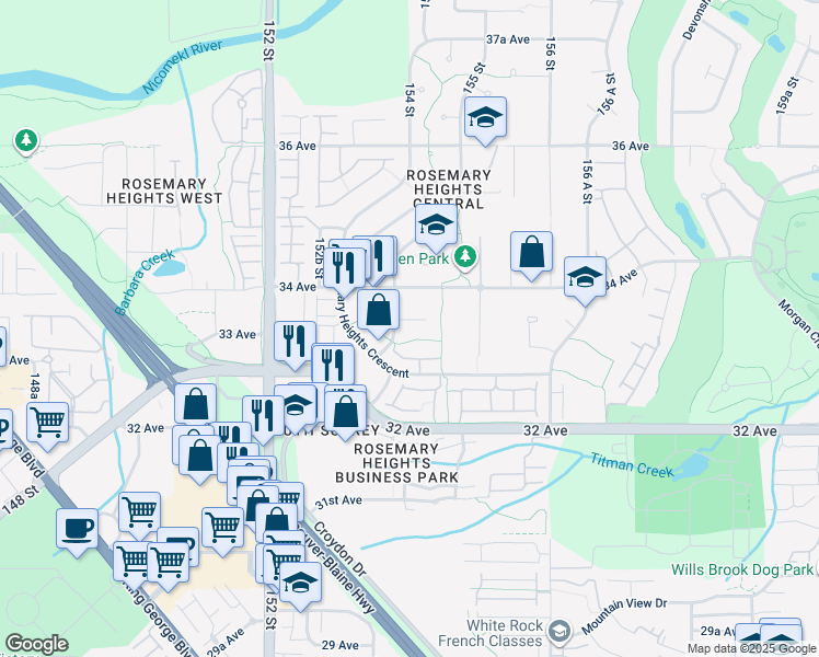 map of restaurants, bars, coffee shops, grocery stores, and more near 15418 33A Avenue in Surrey