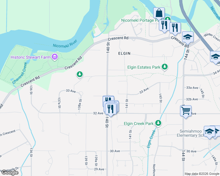 map of restaurants, bars, coffee shops, grocery stores, and more near 3319 140A Street in Surrey