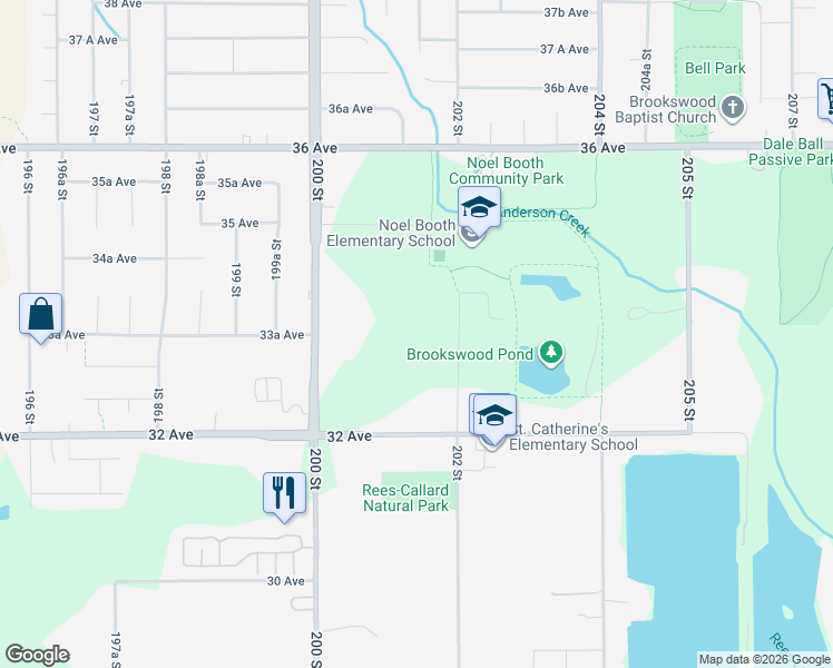 map of restaurants, bars, coffee shops, grocery stores, and more near 3341 202 Street in Langley Township