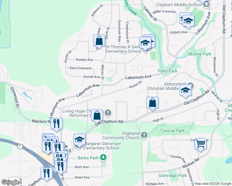 map of restaurants, bars, coffee shops, grocery stores, and more near 34660 Immel Street in Abbotsford