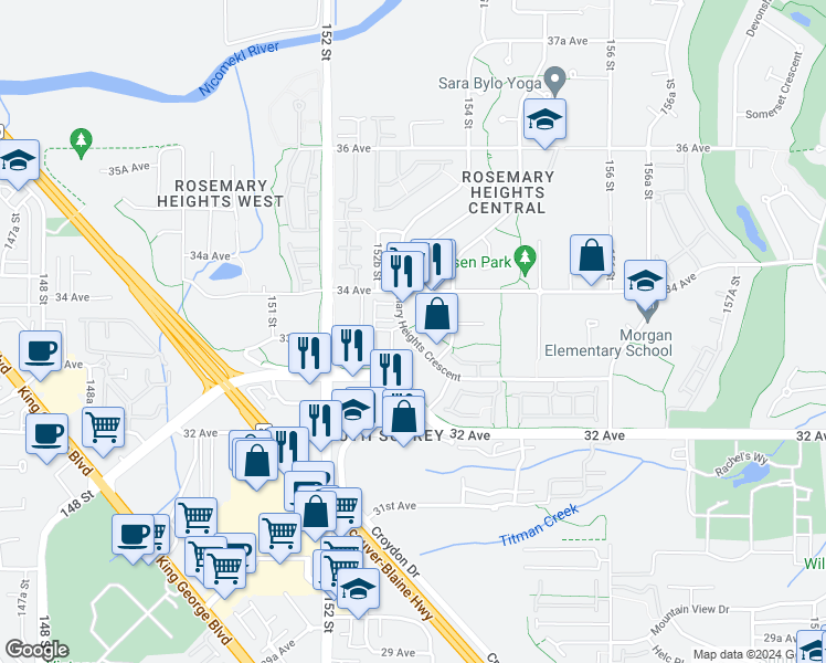 map of restaurants, bars, coffee shops, grocery stores, and more near 3348 Rosemary Heights Crescent in Surrey