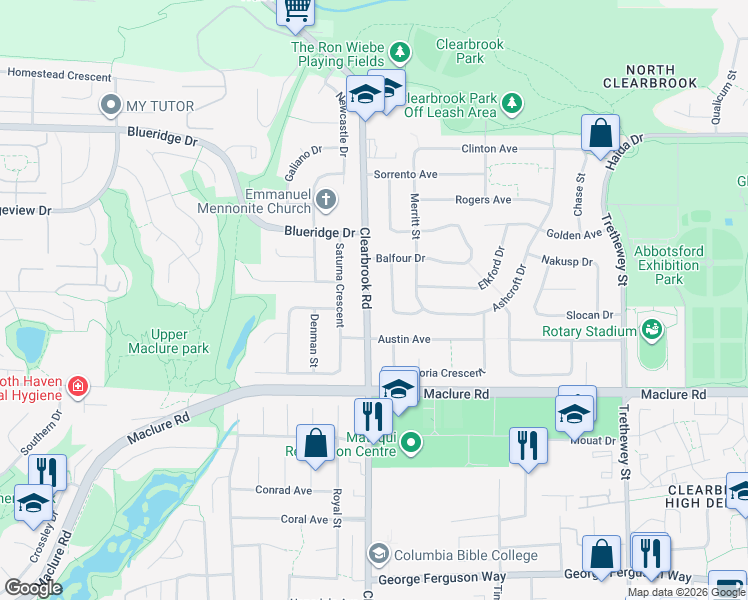 map of restaurants, bars, coffee shops, grocery stores, and more near 3340 Clearbrook Road in Abbotsford