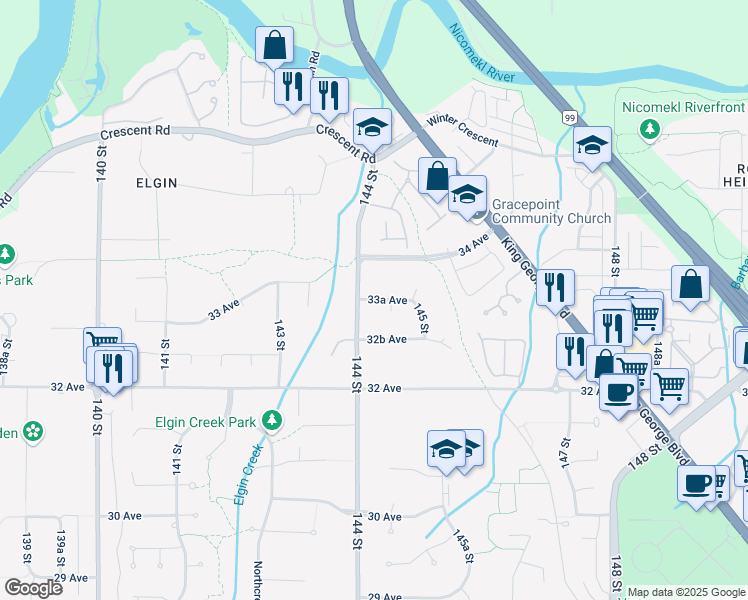 map of restaurants, bars, coffee shops, grocery stores, and more near 14428 33A Avenue in Surrey