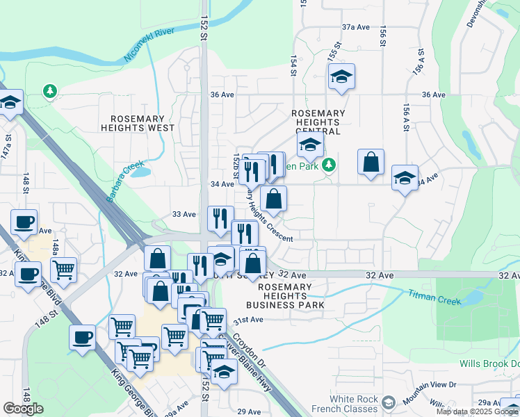 map of restaurants, bars, coffee shops, grocery stores, and more near 3348 Rosemary Heights Crescent in Surrey