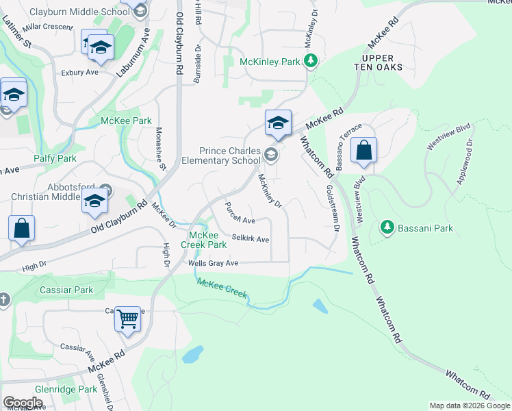 map of restaurants, bars, coffee shops, grocery stores, and more near 3344 Omineca Court in Abbotsford