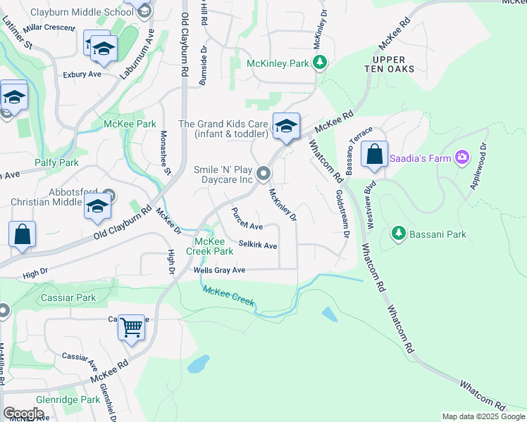 map of restaurants, bars, coffee shops, grocery stores, and more near 3344 Omineca Court in Abbotsford