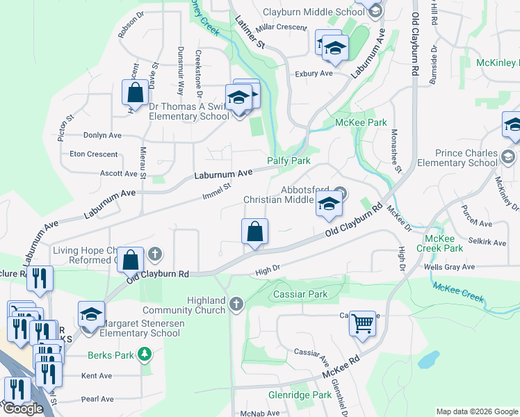 map of restaurants, bars, coffee shops, grocery stores, and more near 3345 Vernon Terrace in Abbotsford