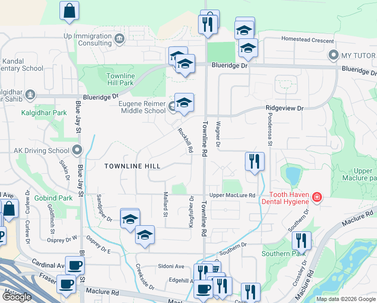 map of restaurants, bars, coffee shops, grocery stores, and more near 3323 Rockhill Place in Abbotsford