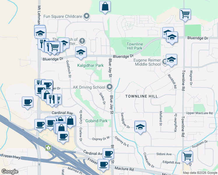 map of restaurants, bars, coffee shops, grocery stores, and more near 3333 Blue Jay Street in Abbotsford