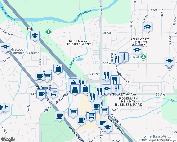 map of restaurants, bars, coffee shops, grocery stores, and more near 3323 151 Street in Surrey