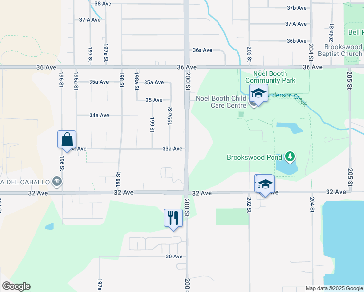 map of restaurants, bars, coffee shops, grocery stores, and more near 3353 200 Street in Langley