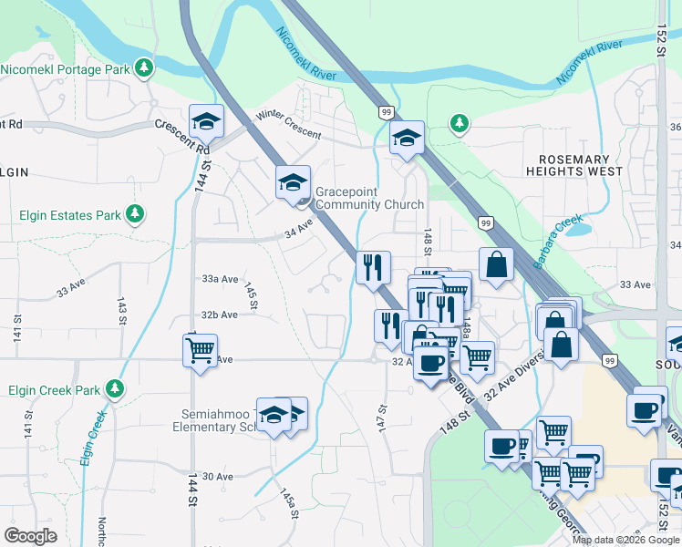 map of restaurants, bars, coffee shops, grocery stores, and more near 3387 King George Boulevard in Surrey