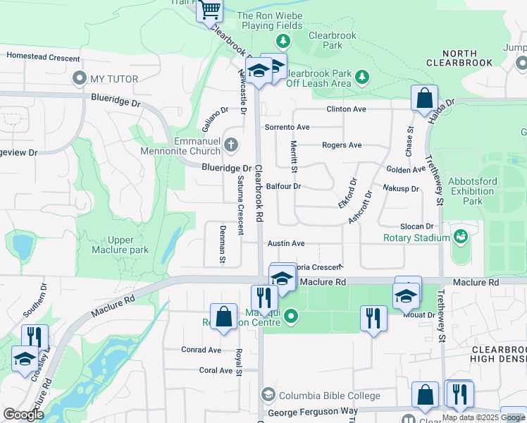 map of restaurants, bars, coffee shops, grocery stores, and more near 3350 Clearbrook Road in Abbotsford