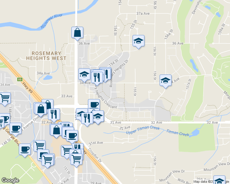 map of restaurants, bars, coffee shops, grocery stores, and more near 15418 33A Avenue in Surrey